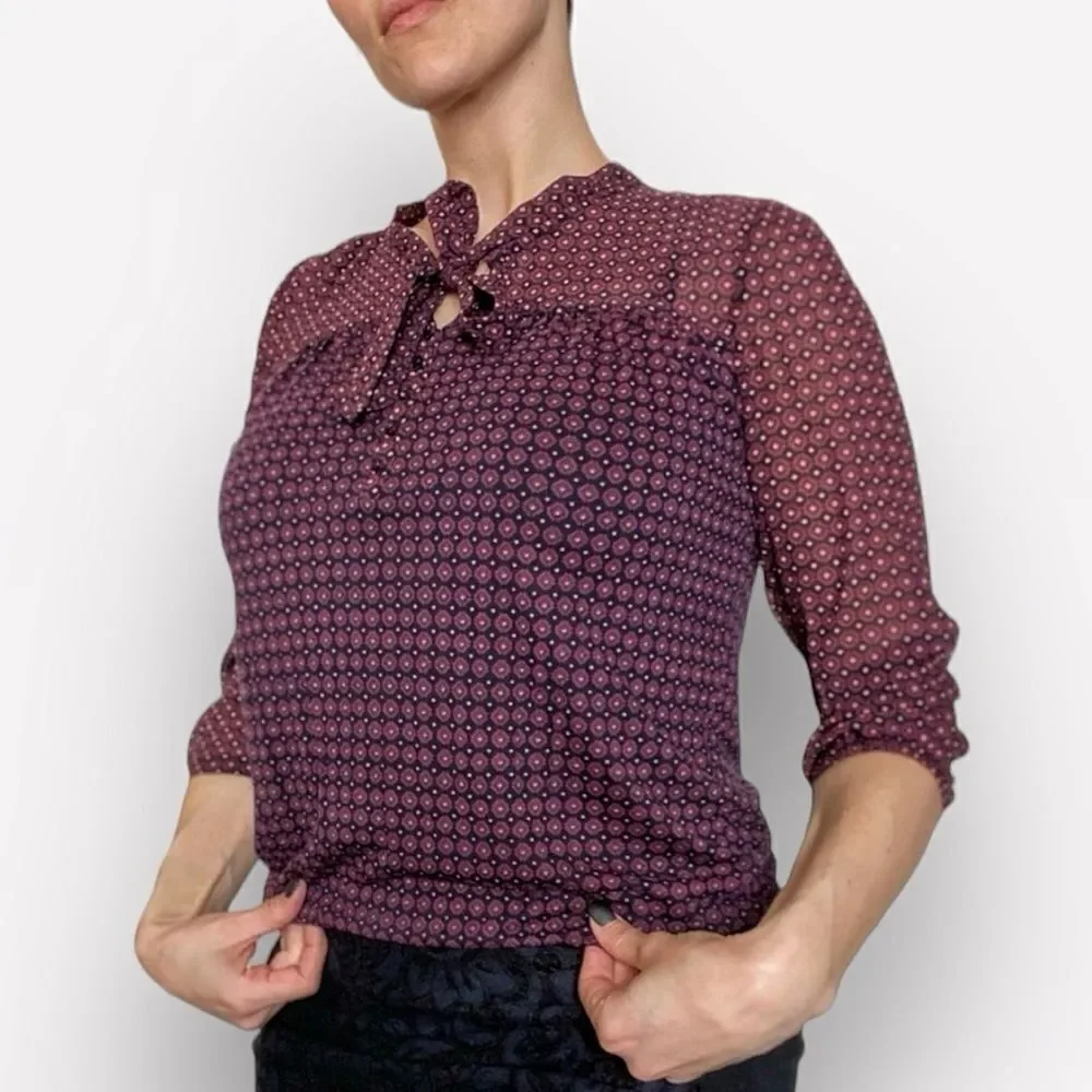 LOFT Blouse Bow Collar Top Preppy Navy Wine XS Relaxed Fit - Picture 4 of 10